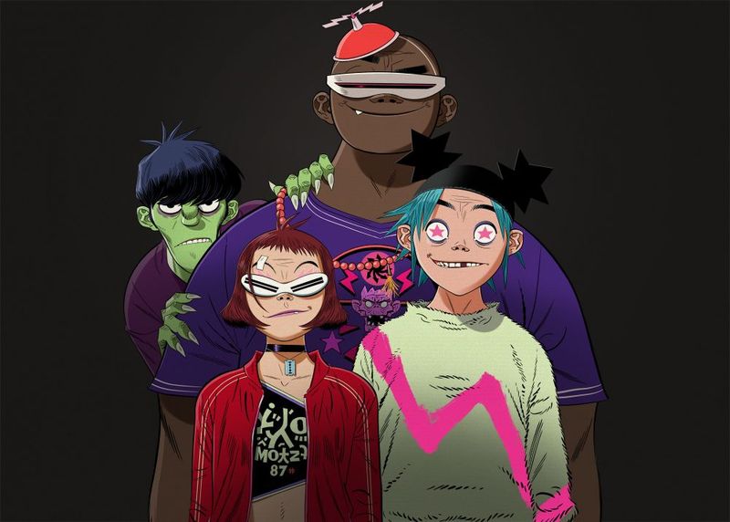 Gorillaz virtual band members 2-D, Murdoc, Noodle and Russel in group artwork