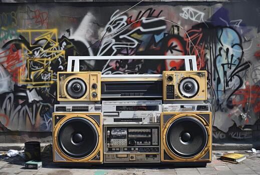 Retro boombox illustration with graffiti mural - topical graphic